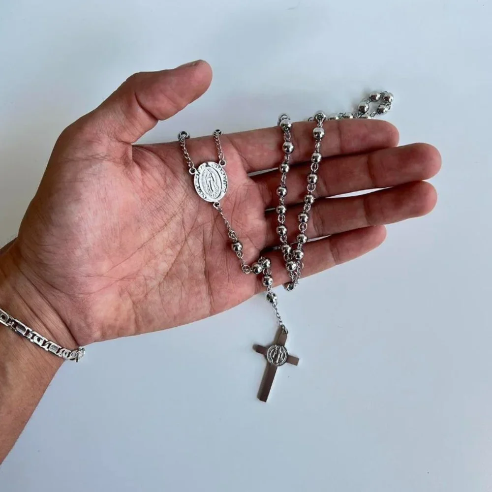 Y2K 2000s chrome silver rosary bead necklace